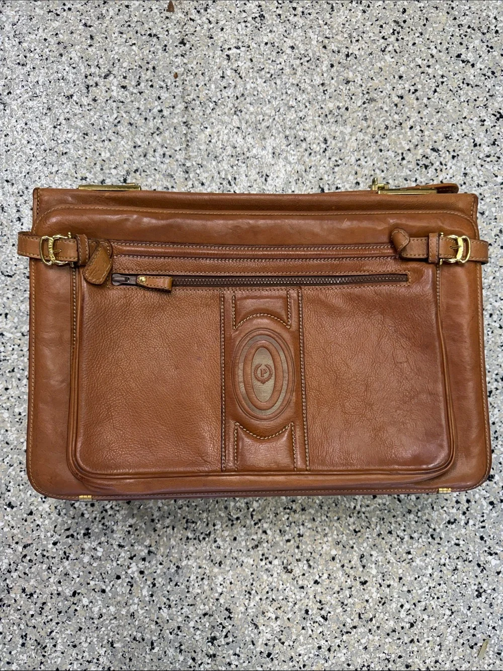 Pollini Tan Leather Men's Briefcase with Gold Hardware - Vintage!